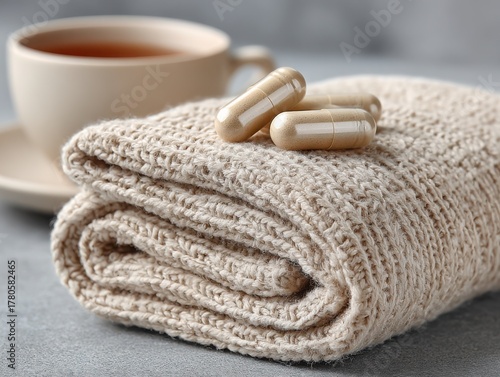 Cozy blanket with dietary capsules and cup of tea on table  