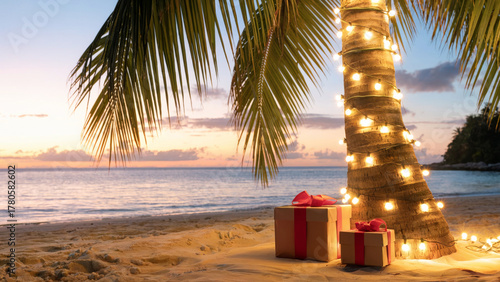 Tropical beach scene at sunset with a palm tree wrapped in glowing Christmas lights and two gift boxes with red ribbons on the sand, creating a festive holiday atmosphere by the ocean.