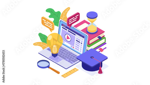 Flat lay illustration of a laptop with education icons and a graduation cap on a white background