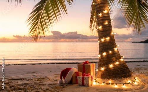 A tropical beach scene at sunset with a palm tree wrapped in Christmas lights, gifts, and a Santa hat on the sand, creating a festive holiday atmosphere by the ocean.