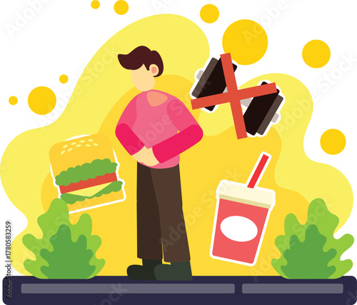 Unhealthy food and diet failure concept illustration