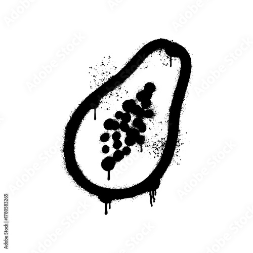 Graffiti spray paint art drawing of a halved tropical papaya fruit with seeds
