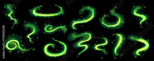 Magic green swirl light effect. Green wind shine magic wave. Whirlwind neon flow splash. Mesh vector illustration