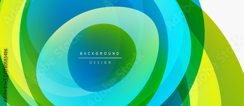 Abstract layers create dynamic circular pattern. Vibrant greens, blues dominate design, suggesting movement, energy. Modern aesthetic.