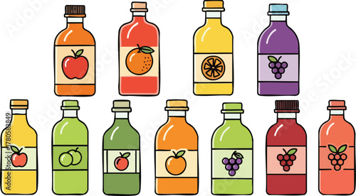 Assorted Fruit Juice Bottles With Labels Featuring Fruits In Pixel Art Style