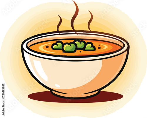 Steaming Bowl of Orange Soup with Green Peas Topping and a Warm Yellow Glow
