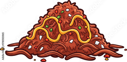 A pile of chili with noodles and toppings on a white background
