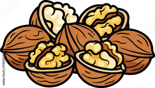 Pile Of Whole And Cracked Walnuts With Kernels Visible Isolated On White Background