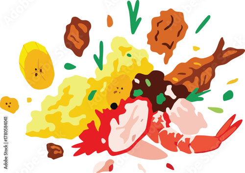 Colorful Shrimp And Vegetable Tempura And Fried Plantain Dish Against White Background