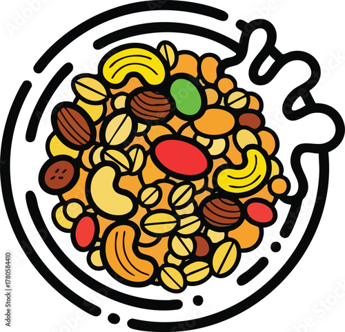 Bowl of Granola Cereal With Nuts and Dried Fruits Pouring Milk Overhead View