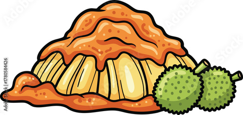 Jackfruit dish with two whole fruits on the side in pixel art style