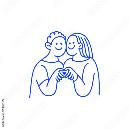Vector logo design template and graphic element for advertising, branding, heart shape and love, funny cartoon illustrations with smiling characters, valentine day mascot, happy couple