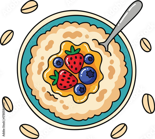 Wholesome Bowl of Oatmeal Topped with Fresh Berries and Honey Surrounded by Oats