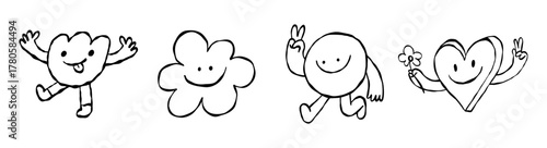 Smiling character and mascots, abstract stickers and line icons. Vector logo design template and graphic elements for advertising, branding, posters and banners, funny cartoon illustrations