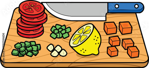 Chopping Board With Sliced Tomatoes Diced Green Peppers Garlic Lemon Half And Diced Carrots With A Kitchen Knife