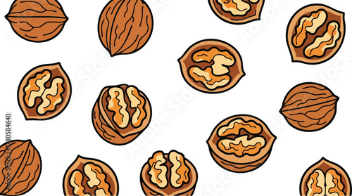 Pixel Art Walnuts Scattered Seamless Pattern on White Background Vibrant Brown and Beige Colors Healthy Food Element