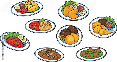 Pixel Art Food Display Featuring Multiple Dishes With Vegetables And Meat