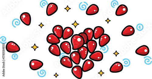 Heart Shape Made Of Red Pomegranate Seeds With Swirling Blue Elements And Yellow Stars On White Background