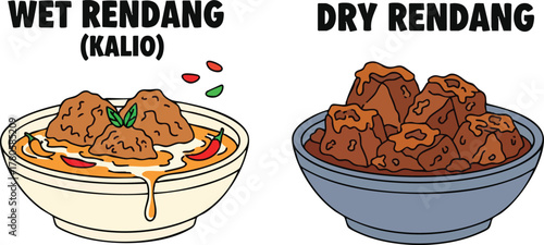 Two bowls of rendang one wet with sauce and chili the other dry and richly colored
