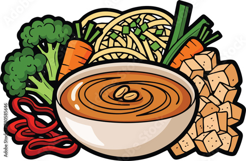 A Bowl Of Peanut Noodle Soup With Tofu Broccoli Carrots Red Peppers And Noodles