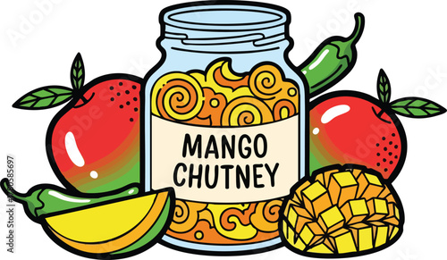 Vibrant mango chutney in a glass jar with fresh mangoes and jalapeño peppers