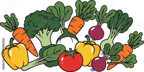 Assortment of Fresh Garden Vegetables Includes Carrots Broccoli Bell Peppers Tomatoes and Beets