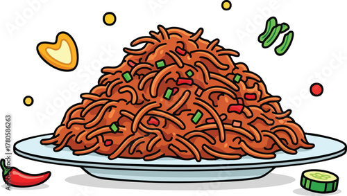 Pixel Art Noodle Dish With Chili Peppers And Cucumber Slices Garnishes