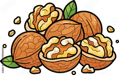 Pile of Walnuts Whole and Shelled With Green Leaves and Brown Shells on White Background Healthy Food Illustration