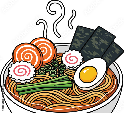 Steaming Bowl of Ramen Noodles with Egg Seaweed and Green Onions in Japanese Style