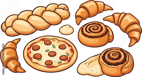 Pixel Art Bakery Assortment With Braided Bread Croissants Cinnamon Rolls Pizza And Pastry Dough Isolated On White Background