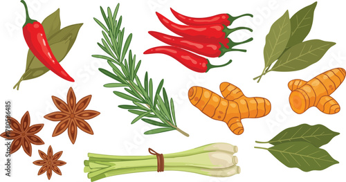 Pixel Art Collection Of Fresh Spices And Herbs Including Chili Peppers Rosemary Turmeric Star Anise And Bay Leaves