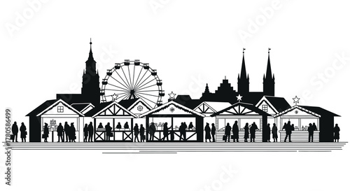 Charming christmas market scene with ferris wheel and stalls in a detailed black and white silhouette