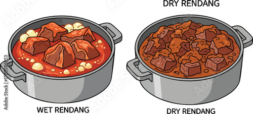 Two Pots Of Indonesian Rendang Beef Stew One Wet And One Dry Prepared In Grey Pots