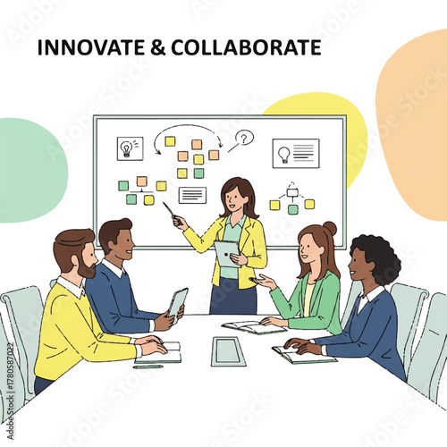 Team Innovation and Collaboration Brainstorming in a Modern Meeting Room with Whiteboard