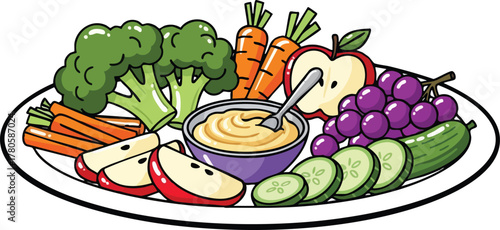 Healthy Vegetable And Fruit Platter With Dip And Grapes Broccoli Carrots Apple Slices And Cucumber Slices
