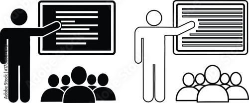 Two simple iconographic representations of a teacher presenting information to a group of students in a classroom setting