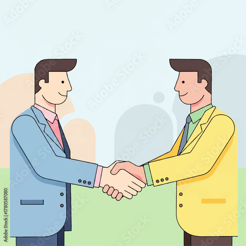 Illustration of two businessmen shaking hands, symbolizing partnership, agreement, and successful collaboration in a professional setting