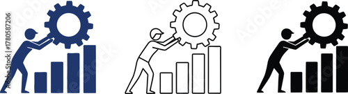 Teamwork and collaboration driving business growth and success with gears and rising bar charts