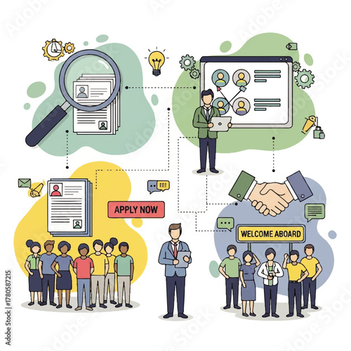 Modern recruitment and hiring process visualization, detailing applicant screening, talent acquisition, job offers, and successful onboarding for human resources management