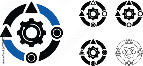 Circular process diagram with gears arrows and geometric shapes representing workflow and system cycles