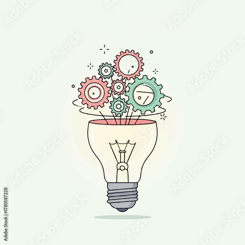 Conceptual illustration of a creative thought process represented by a light bulb with colorful mechanical gears emerging from it