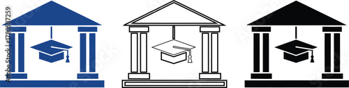 Three stylized educational building icons with graduation caps hanging inside representing academia and learning