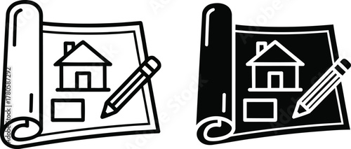 Drawn house blueprint with pencil on rolled architectural plans in black and white