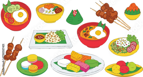 Collection of pixel art traditional asian food dishes including satay rice bowls and desserts