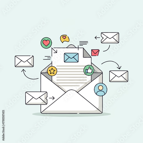 Dynamic digital communication concept featuring an open email envelope with various social media engagement icons, symbolizing online messaging and feedback exchange