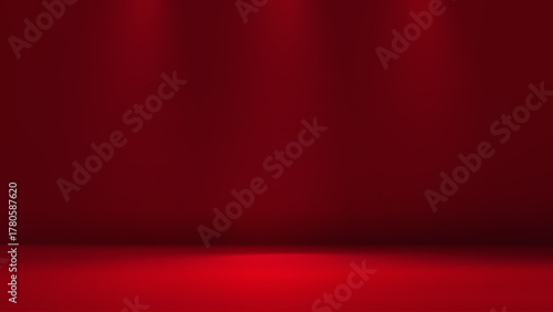 Fototapeta Naklejka Na Ścianę i Meble -  Red studio background. Abstract limbo podium studio room. Dark red gradient wall floor and spotlight scene. Showcase, promotion display. Mockup illustration New year, Christmas design