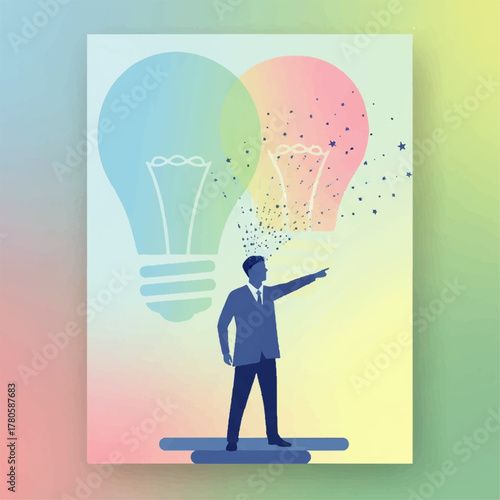 A determined businessman points forward, symbolizing innovation and the emergence of new ideas from a vibrant creative process, illuminating a path to future success
