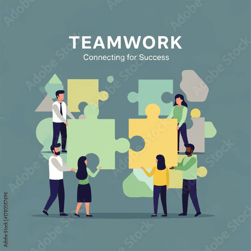 A diverse group of business professionals collaborating to assemble a large jigsaw puzzle, a vector metaphor for strategic partnership and problem-solving