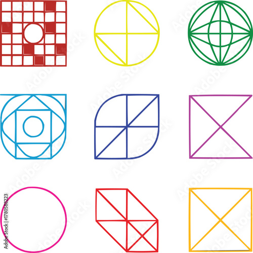 Brutalist Abstract Geometric Icon Set  Primitive Shapes, Grids, and Symmetrical Forms
