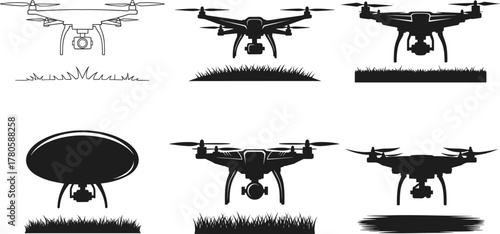 Drone silhouette vector set, black illustrations of quadcopters with cameras, hovering above terrain, aerial photography, UAV design concept